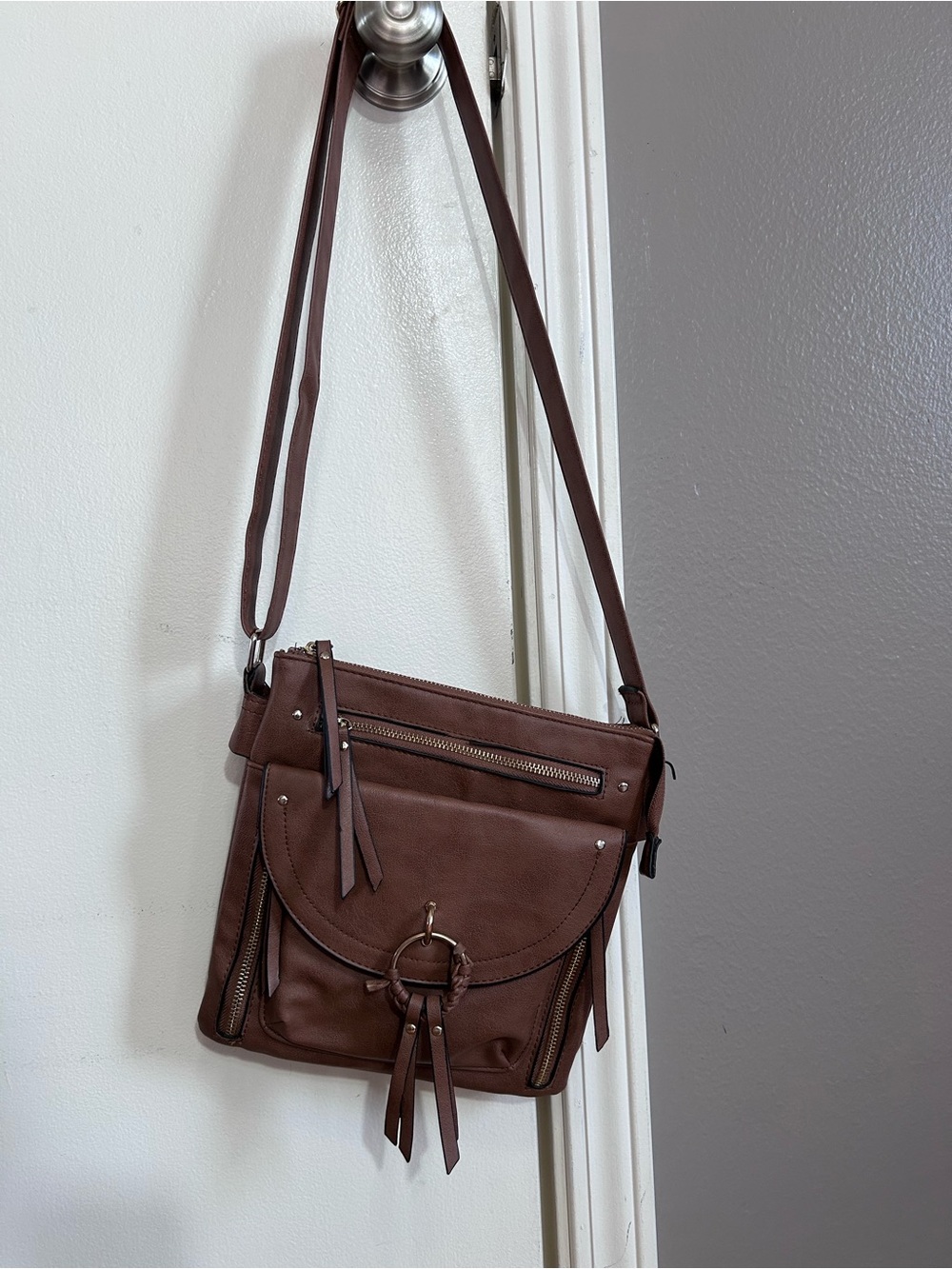 Boho Western Cognac Crossbody Bag O-Ring Tassel Multi Pocket Organizer Purse